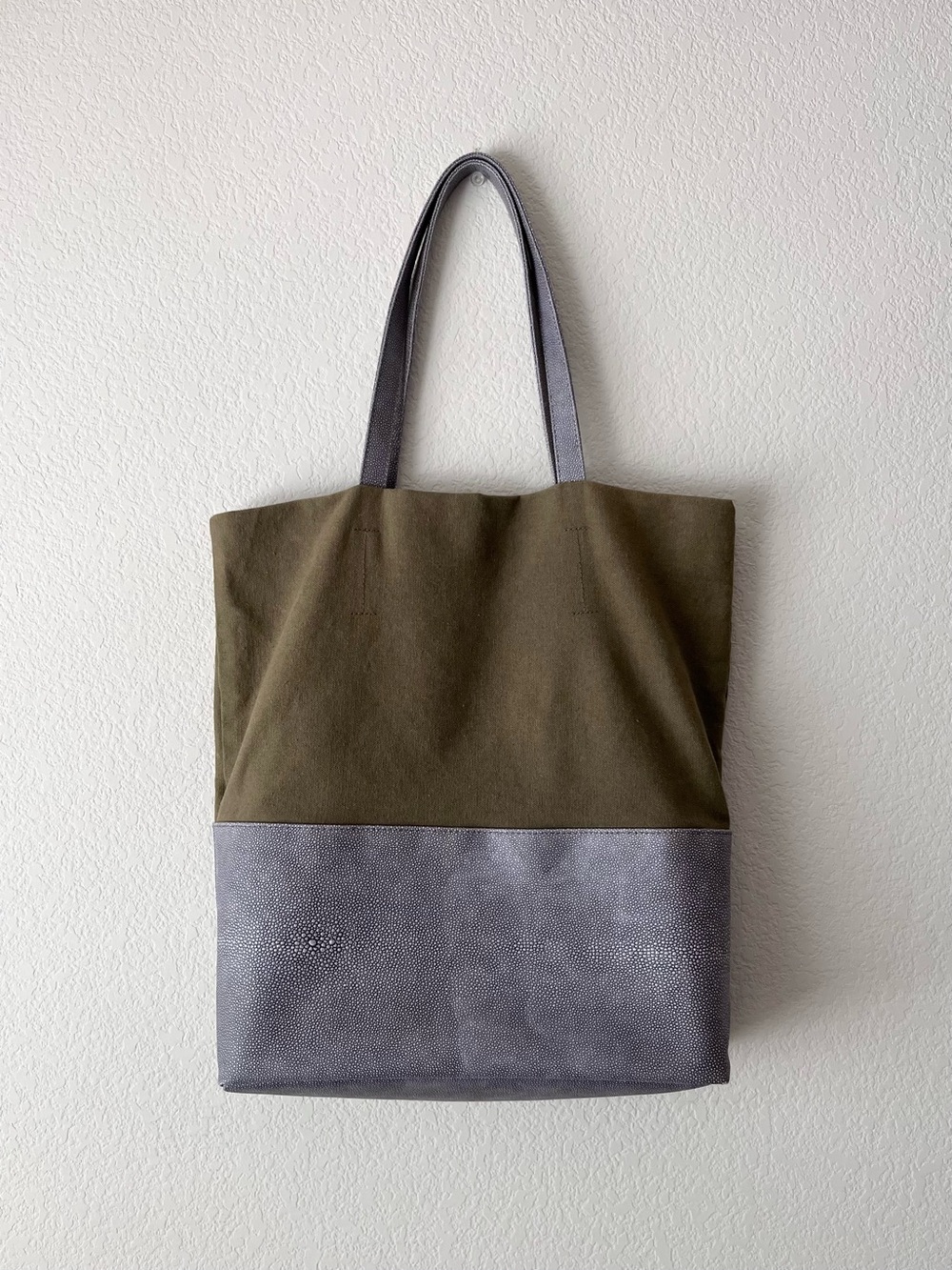 Large canvas and lizard embossed tote bag